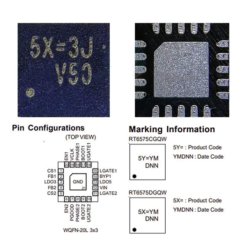 RT6575C RT6575D RT6575DGQW DUAL CHANNEL SYNCHRONOUS DC-DC STEP-DOWN WITH 5V/3.3 LDOs WQFN-20L 3X3 MARK 5Y= 5X=